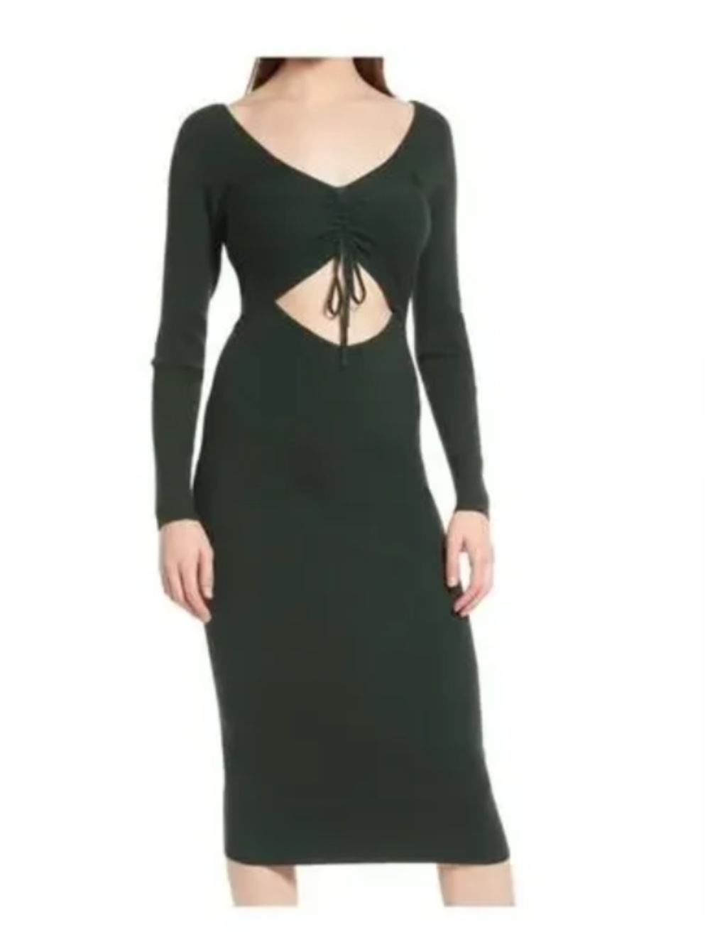 NWT All In Favor Dark Green Long Sleeve Cutout Midi Dress with Tie Front